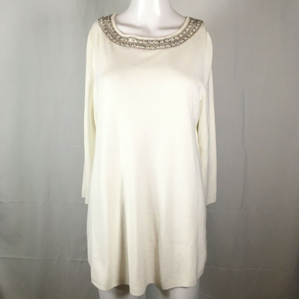 Carmen Maro Valvo Sweater Womens Sz L White Knit Rhinestone Trim Pullover Tunic